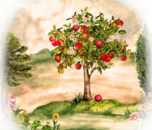 Watercolor landscape with apple tree and flowers. Nature illustration.